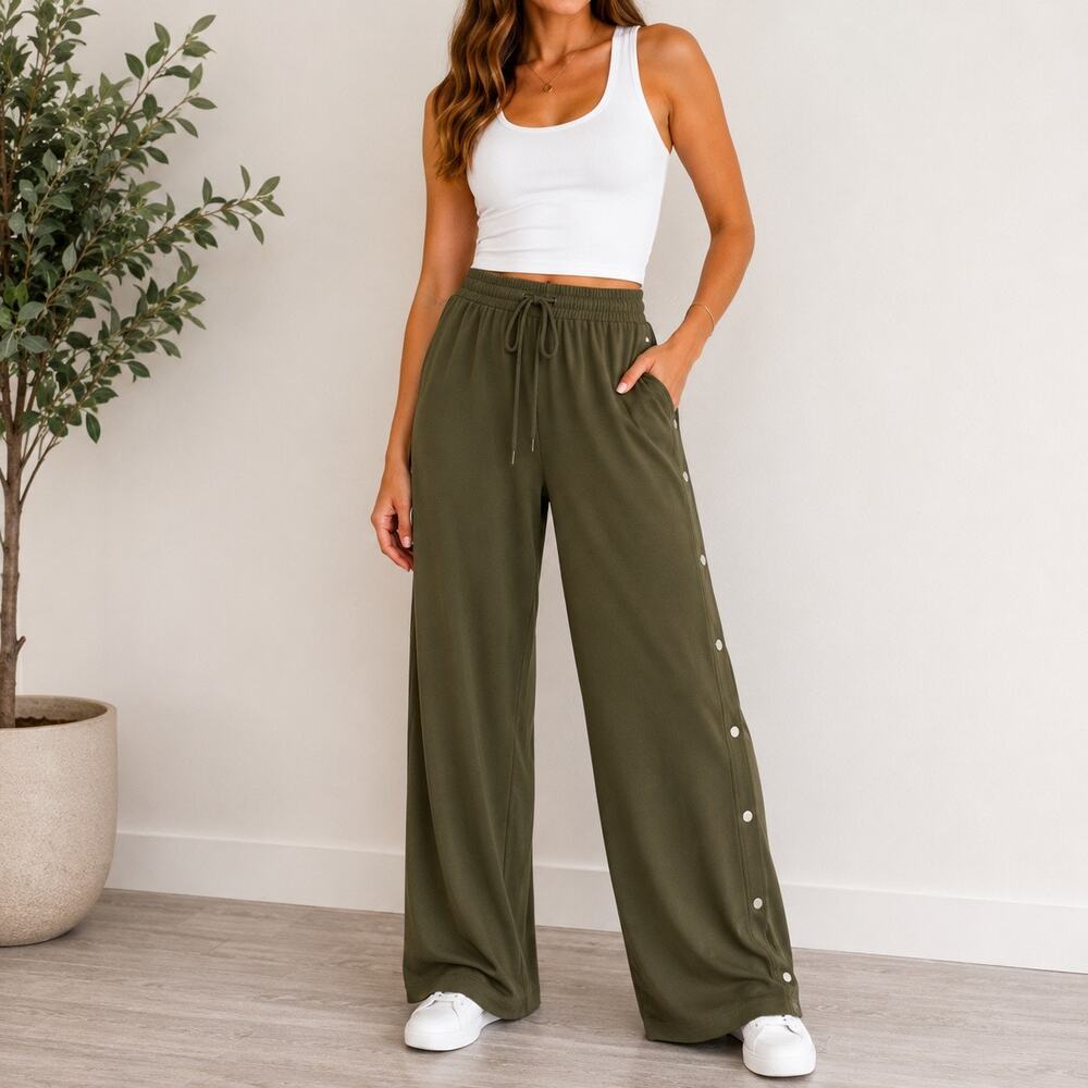 Athleta Olive Green Snap Side Drawstring Pants Sz XS
